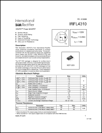 IRFL4310 datasheet: HEXFET power MOSFET. VDSS = 100V, RDS(on) = 0.20 Ohm, ID = 1.6A IRFL4310