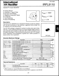 IRFL9110 datasheet: HEXFET power MOSFET. VDSS = -100V, RDS(on) = 1.2 Ohm, ID = -1.1A IRFL9110