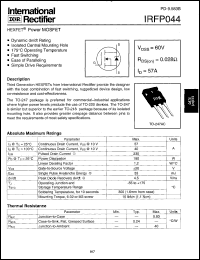 IRFP044 datasheet: HEXFET power MOSFET. VDSS = 60V, RDS(on) = 0.028 Ohm, ID = 57A IRFP044