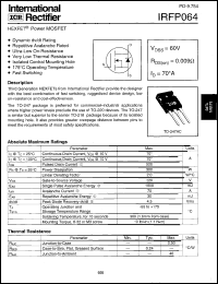 IRFP064 datasheet: HEXFET power MOSFET. VDSS = 60V, RDS(on) = 0.009 Ohm, ID = 70A IRFP064