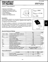 IRFP254 datasheet: HEXFET power MOSFET. VDSS = 250 V, RDS(on) = 0.14 Ohm, ID = 23 A IRFP254