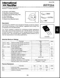 IRFP264 datasheet: HEXFET power MOSFET. VDSS = 250 V, RDS(on) = 0.075 Ohm, ID = 38 A IRFP264