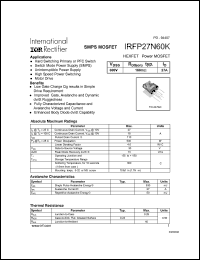 IRFP27N60K datasheet: HEXFET power MOSFET. VDSS = 600 V, RDS(on) = 180 mOhm, ID = 27 A IRFP27N60K
