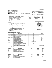 IRFP32N50K datasheet: HEXFET power MOSFET. VDSS = 500 V, RDS(on) = 0.135 Ohm, ID = 32 A IRFP32N50K