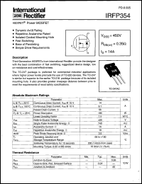 IRFP354 datasheet: HEXFET power MOSFET. VDSS = 450 V, RDS(on) = 0.35 Ohm, ID = 14 A IRFP354