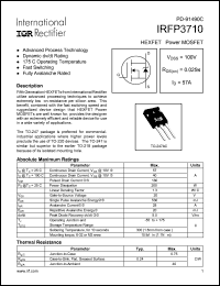 IRFP3710 datasheet: HEXFET power MOSFET. VDSS = 100 V, RDS(on) = 0.025 W, ID = 57 A IRFP3710