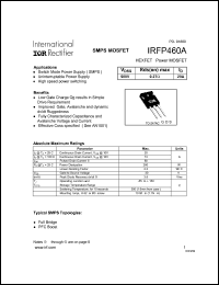 IRFP460A datasheet: HEXFET power MOSFET. VDSS = 500 V, RDS(on) = 0.27 Ohm, ID = 20 A IRFP460A