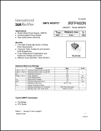 IRFP460N datasheet: HEXFET power MOSFET. VDSS = 500 V, RDS(on) = 0.24 Ohm, ID = 20 A IRFP460N