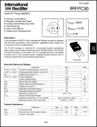 IRFPC30 datasheet: HEXFET power MOSFET. VDSS = 600 V, RDS(on) = 2.2 Ohm, ID = 4.3 A IRFPC30