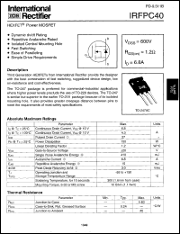 IRFPC40 datasheet: HEXFET power MOSFET. VDSS = 600 V, RDS(on) = 1.2 Ohm, ID = 6.8 A IRFPC40