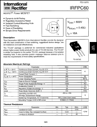 IRFPC60 datasheet: HEXFET power MOSFET. VDSS = 600 V, RDS(on) = 0.40 Ohm, ID = 16 A IRFPC60