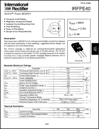 IRFPE40 datasheet: HEXFET power MOSFET. VDSS = 800 V, RDS(on) = 2.0 Ohm, ID = 5.4 A IRFPE40