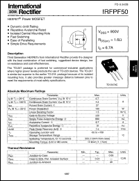 IRFPF50 datasheet: HEXFET power MOSFET. VDSS = 900 V, RDS(on) = 1.6 Ohm, ID = 6.7 A IRFPF50