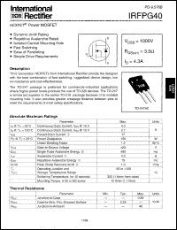 IRFPG40 datasheet: HEXFET power MOSFET. VDSS = 1000 V, RDS(on) = 3.5 Ohm, ID = 4.3 A IRFPG40