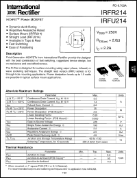 IRFU214 datasheet: HEXFET power MOSFET. VDSS = 250V, RDS(on) = 2.0 Ohm, ID = 2.2A IRFU214