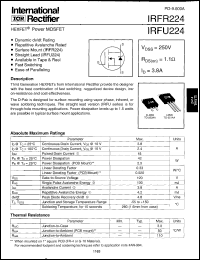 IRFR224 datasheet: HEXFET power MOSFET. VDSS = 250V, RDS(on) = 1.1 Ohm, ID = 3.8A IRFR224