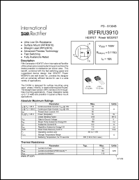 IRFR3910 datasheet: HEXFET power MOSFET. VDSS = 100V, RDS(on) = 0.115 Ohm, ID = 16A IRFR3910