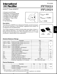 IRFU9024 datasheet: HEXFET power MOSFET. VDSS = -60V, RDS(on) = 0.28 Ohm, ID = -8.8A IRFU9024