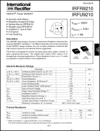 IRFR9210 datasheet: HEXFET power MOSFET. VDSS = -200V, RDS(on) = 3.0 Ohm, ID = -1.9A IRFR9210