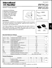 IRFUC20 datasheet: HEXFET power MOSFET. VDSS = 600V, RDS(on) = 4.4 Ohm, ID = 2.0A IRFUC20