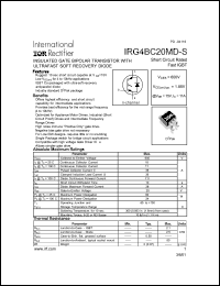IRG4BC20MD-S datasheet: Insulated gate bipolar transistor with ultrafast soft recovery diode. VCES = 600V, VCE(on)typ. = 1.85V @ VGE = 15V, IC = 11A IRG4BC20MD-S