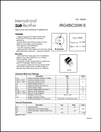 IRG4BC20W-S datasheet: Insulated gate bipolar transistor. VCES = 600V, VCE(on)typ. = 2.16V @ VGE = 15V, IC = 6.5A IRG4BC20W-S