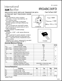 IRG4BC30FD datasheet: Insulated gate bipolar transistor with ultrafast soft recovery diode. VCES = 600V, VCE(on)typ. = 1.59V @ VGE = 15V, IC = 17A IRG4BC30FD
