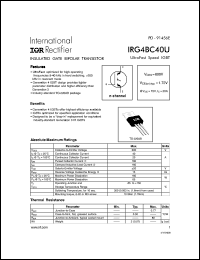 IRG4BC40U datasheet: Insulated gate bipolar transistor. VCES = 600V, VCE(on)typ. = 1.72V @ VGE = 15V, IC = 20A IRG4BC40U