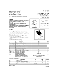 IRG4PC50K datasheet: Insulated gate bipolar transistor. VCES = 600V, VCE(on)typ. = 1.84V @ VGE = 15V, IC = 30A IRG4PC50K