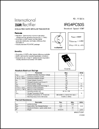 IRG4PC50S datasheet: Insulated gate bipolar transistor. VCES = 600V, VCE(on)typ. = 1.28V @ VGE = 15V, IC = 41A IRG4PC50S