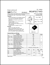 IRG4PSC71KD datasheet: Insulated gate bipolar transistor with ultrafast soft recovery diode. VCES = 600V, VCE(on)typ. = 1.83V @ VGE = 15V, IC = 60A IRG4PSC71KD