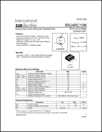 IRG4RC10K datasheet: Insulated gate bipolar transistor. VCES = 600V, VCE(on)typ. = 2.39V @ VGE = 15V, IC = 5.0A IRG4RC10K