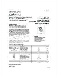 IRF150 datasheet: Repetitive avalanche and dv/dt rated HEXFET transistor thru-hole(TO-204AA/AE). BVDSS = 100V, RDS(on) = 0.055 Ohm, ID = 38A IRF150