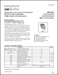 IRF450 datasheet: Repetitive avalanche and dv/dt rated HEXFET transistor thru-hole(TO-204AA/AE). BVDSS = 500V, RDS(on) = 0.400 Ohm, ID = 12A IRF450