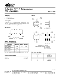 ETC1-1-6TR datasheet: 760-960 MHz,  RF 1:1 transformer ETC1-1-6TR