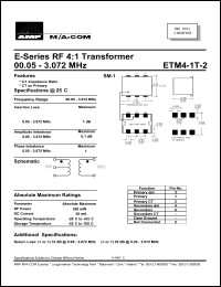 ETM4-1T-2 datasheet: 0.05-3.072 MHz,  RF 4:1 transformer ETM4-1T-2