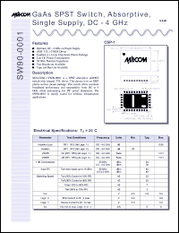 SW90-0001 datasheet: DC-4 GHz,  GaAs SPST switch, absorptive, single supply SW90-0001