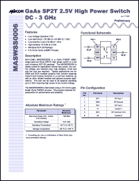 MASWSS0006 datasheet: DC-3 GHz, GaAs SP2T 2.5V high power switch MASWSS0006
