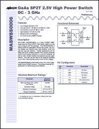 MASWSS0006SMB datasheet: DC-3 GHz, GaAs SP2T 2.5V high power switch MASWSS0006SMB