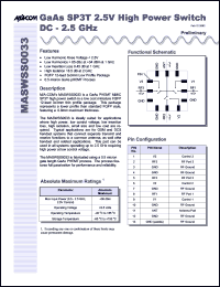 MASWSS0033TR datasheet: DC-2.5 GHz, GaAs SP3T 2.5V high power switch MASWSS0033TR