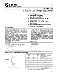 MAS9160ASM1-T datasheet: 2 outputs LDO voltage regulator. VOUT1(nom) = 3.3 V, VOUT2(nom) = 3.3 V. MAS9160ASM1-T