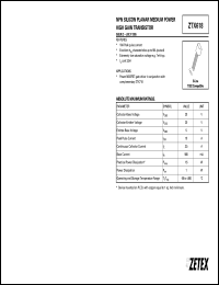 ZTX618 datasheet: NPN silicon planar medium power high gain transistor ZTX618