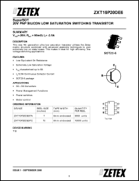 ZXT10P20DE6TA datasheet: 20 V PNP silicon low saturation switching transistor ZXT10P20DE6TA