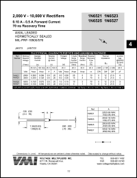 1N6521 datasheet: 2000 V rectifier 0.1-0.5 mA forward current,70 ns recovery time 1N6521