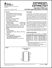 CD74HCT221E datasheet:  HIGH SPEED CMOS LOGIC DUAL MONOSTABLE MULTIVIBRATORS WITH RESET CD74HCT221E