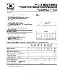 FR101G datasheet: 50 V, 1 A, Glass passivated junction fast switching rectifier FR101G
