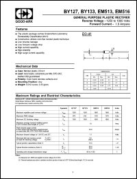 BY133 datasheet: 1300 V, 1 A, General purpose plastic rectifier BY133