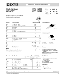 IXTP1N100 datasheet: 1000V high voltage MOSFET IXTP1N100