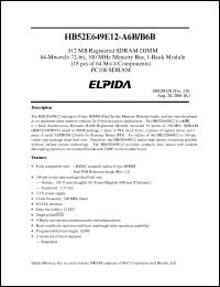 HB52E649E12-A6B datasheet: 64-Mword x 72-bit; 100MHz memory bus; 1-bank module; 1GB registered SDRAM DIMM HB52E649E12-A6B