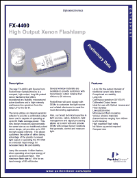 FX4402 datasheet: High output xenon flashlamp. Window material sapphire, average power 60 watts, voltage 400-1000 Volts. FX4402